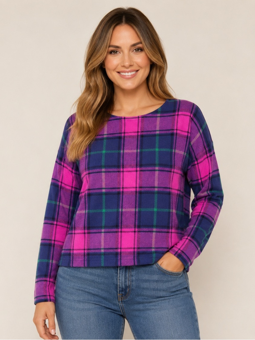 Tahari Plaid Knit Sweater Top | Size Medium | Pink Purple Navy #1042